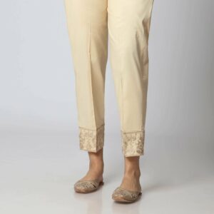 Beige Cambric Embellished Slim Fit Trouser PS3501