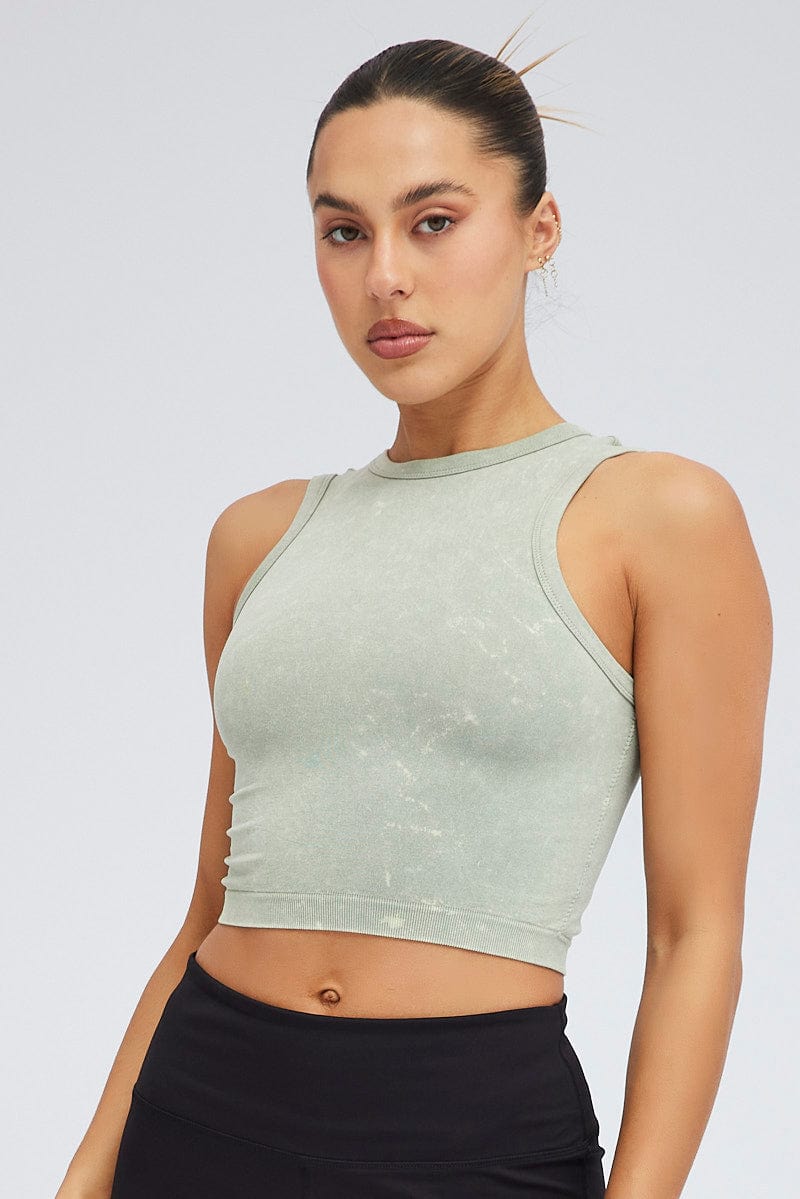 Green Tank Top Crew Neck Washed Seamless - Image 3