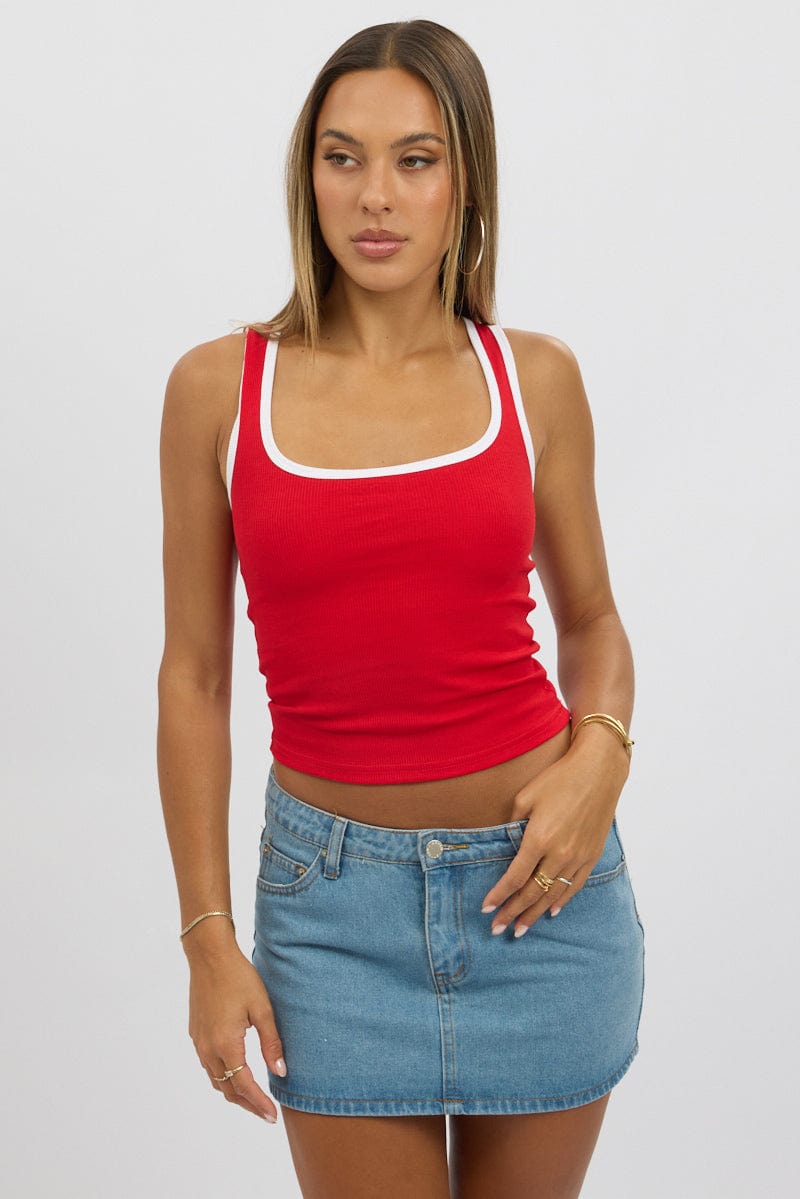 Red Tank Top Sleeveless Contrast Trim - Image 3