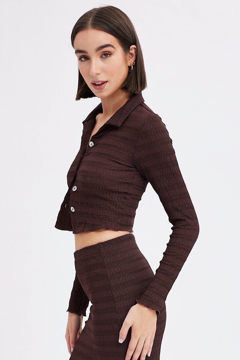 Brown Crop Shirt Long Sleeve Collar Textured - Image 4